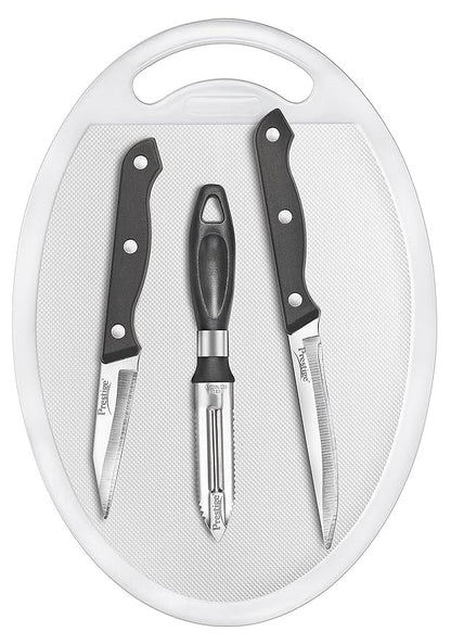 This Prestige Truedge 4 piece knife set includes a utility knife  paring knife  peeler and board