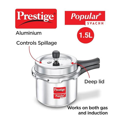 The Prestige Popular Plus Svachh Virgin Aluminium Gas and Induction Compatible Outer Lid Pressure Cooker is a versatile kitchen essential