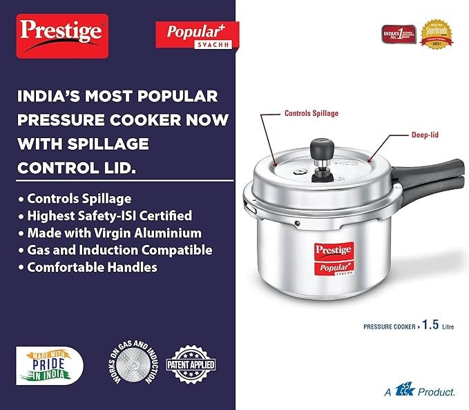 The Prestige Popular Plus Svachh Virgin Aluminium Gas and Induction Compatible Outer Lid Pressure Cooker is a versatile kitchen essential