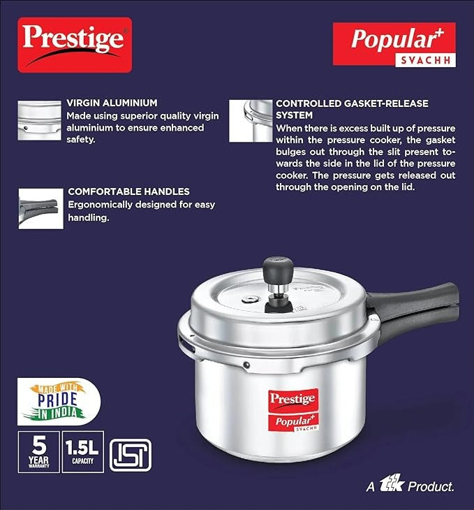 The Prestige Popular Plus Svachh Virgin Aluminium Gas and Induction Compatible Outer Lid Pressure Cooker is a versatile kitchen essential