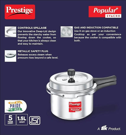 The Prestige Popular Plus Svachh Virgin Aluminium Gas and Induction Compatible Outer Lid Pressure Cooker is a versatile kitchen essential