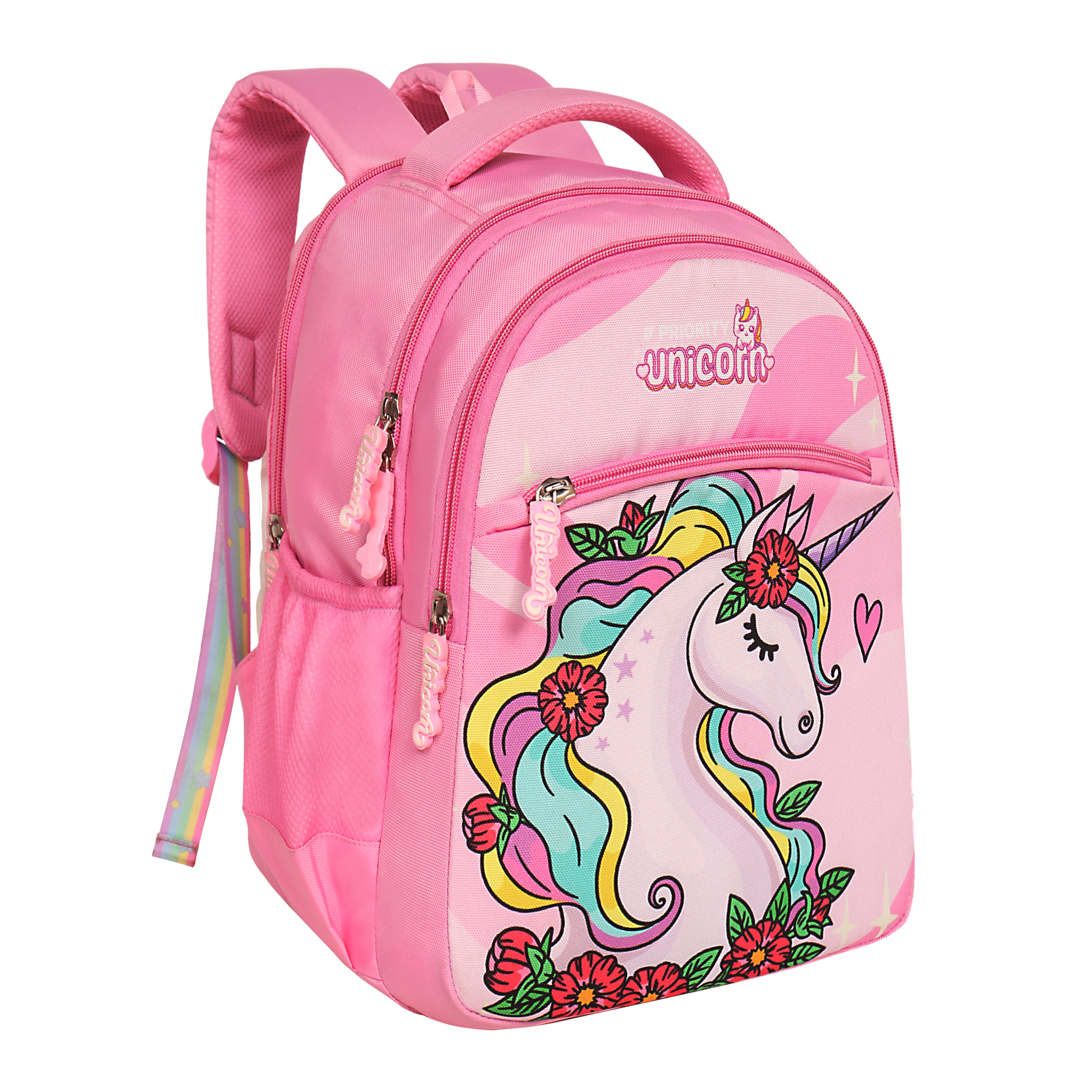 unicorn, 2nd class, school bag, cute, pink, printed, for baby girl, stylish, comfortable.Marvel priority School Backpack,Fine Polyester Fabric,Side Bottle Holder :: 2